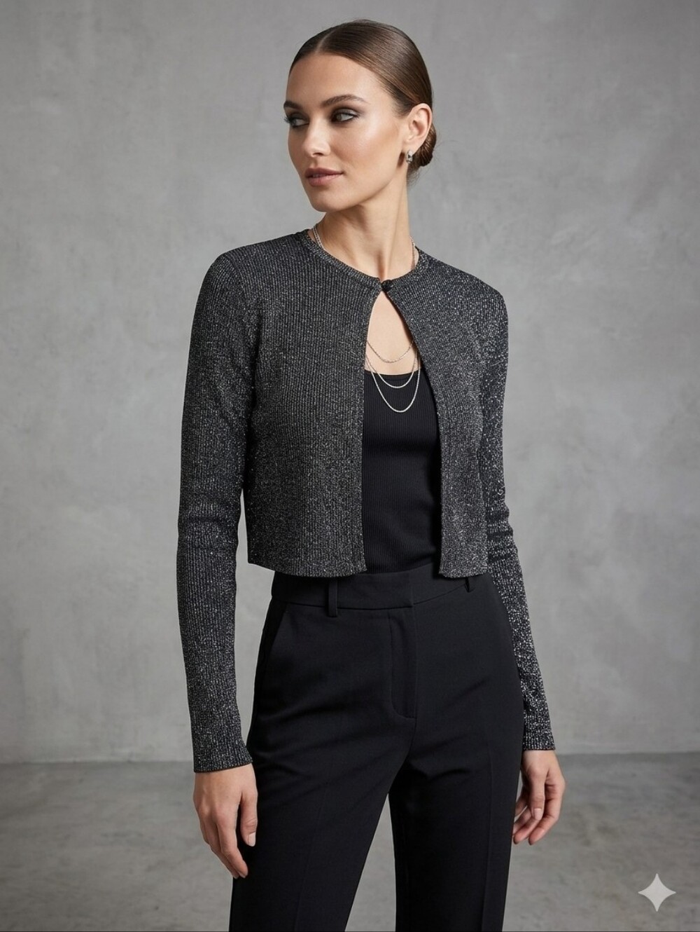 Onyx Nite Black Sparkle Zip-Front Long-Sleeve Crop Top